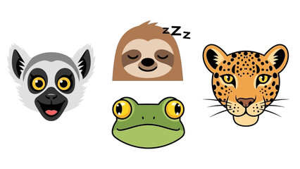 Obraz premium Collection of cute cartoon animal faces: lemur, sloth, frog, and leopard.