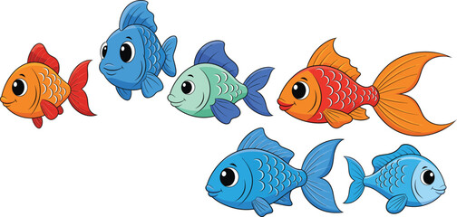 Fototapeta premium Cute Cartoon Vector Collection of Goldfish and Tropical Fish, Featuring Different Sizes, Fin Shapes, and Bright Colors like Orange, Red, Blue, and Green for Aquatic Themes