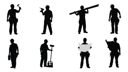 Collection of professional construction worker silhouettes holding various tools, carrying materials, and reviewing, isolated on white background