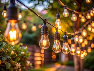 String of warm patio light bulbs glowing