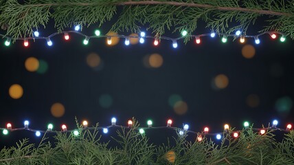 Colorful Christmas Lights Framed with Evergreen Branches on Dark Background
