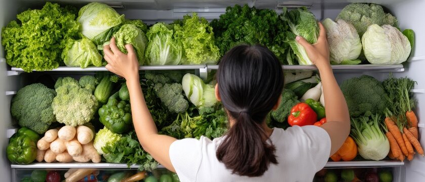 Person organizing fresh vegetables in a refrigerator at home during the afternoon, showcasing a variety of greens and colorful produce