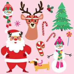 Fototapeta premium Collection of New Year's characters. Cheerful Santa, deer, snowman, etc. Can be used as elements for cards, banners, patterns, pints.