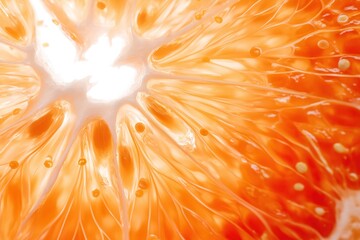 Intricate patterns inside fresh orange with translucent seeds and juicy segments captured in macro photography on white background for advertising, educational content or health awareness projects.