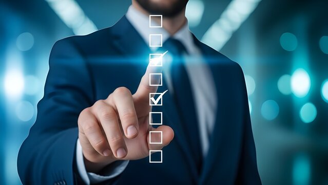 Businessman selecting an option on a virtual checklist display