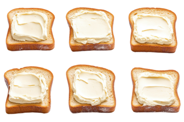Six golden brown toasted bread slices, each generously spread with creamy butter, neatly arranged against a clean white background, offering a simple, classic breakfast or snack
