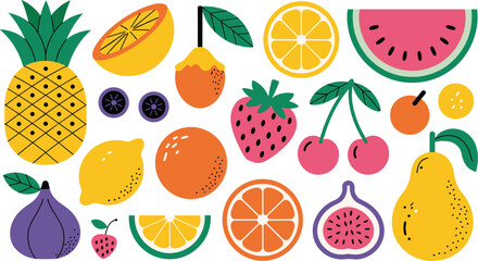 Bold Flat Design Tropical Fruit Vector Set Featuring Pineapple, Watermelon, Fig, Strawberry, Cherry, Lemon, Orange, and Pear for Health and Food.