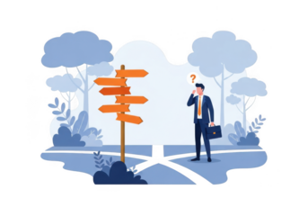 Businessman at a crossroads with a direction sign isolated on transparent background