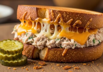 Close up of a delicious, gooey, melted cheese tuna melt sandwich served with pickle chips on a wooden surface