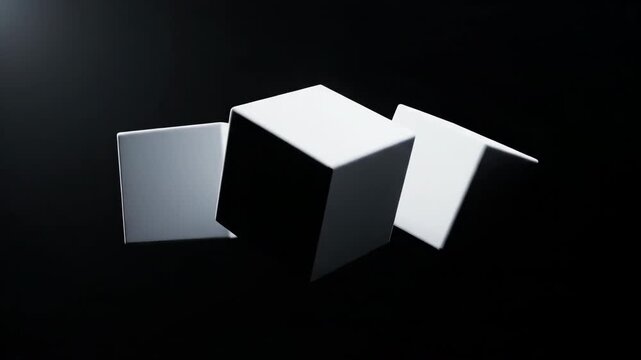 Seamlessly looping animation of three dimensional white cubes slowly rotating and shifting their orientation in a clean empty void backdrop, Seamlessly, space