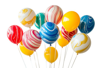Vibrant collection of colorful marbled balloons, perfect for festive celebrations and joyful events, isolated on a clean white background, ready to brighten any occasion