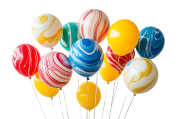 Vibrant collection of colorful marbled balloons, perfect for festive celebrations and joyful events, isolated on a clean white background, ready to brighten any occasion