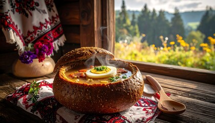 Traditional Soup in Bread Bowl, Cozy Cabin, Food Photography, Rustic Environment, Natural Light, Comforting Dish