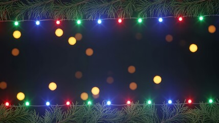Colorful Christmas Lights Border with Fir Branches and Soft Golden Bokeh on Dark Festive Background
