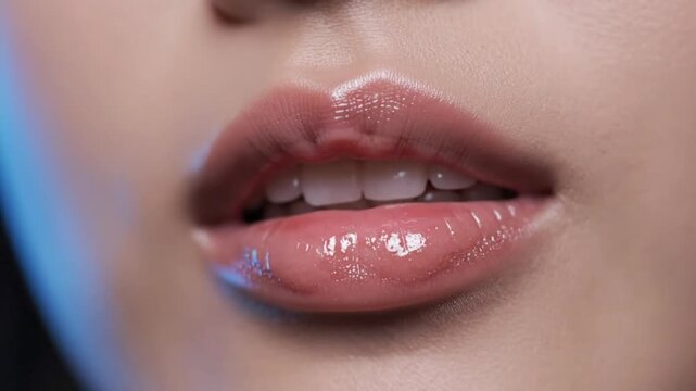 Close up of a woman's perfect glossy lips with beautiful pink lip gloss