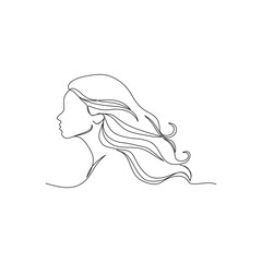 a woman’s side face  modern aesthetic,  sweeping her long wavy hair backward with curves continuous line art outline