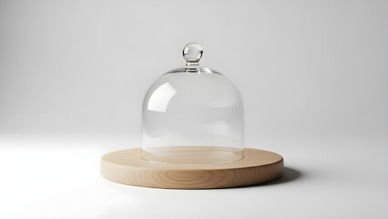 Clear glass cloche on wooden base against white backdrop
