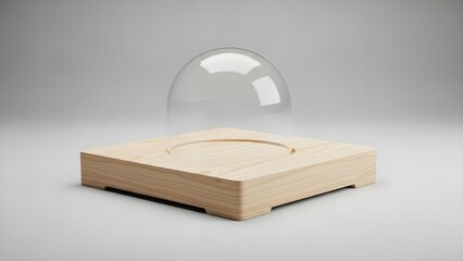 Clear glass dome over wooden base on neutral background for design