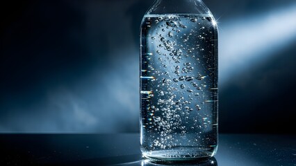 Clear water bottle with bubbles against dark blue background