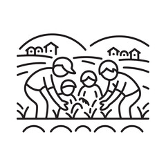 Family planting seedlings in a rural landscape with rolling hills and houses