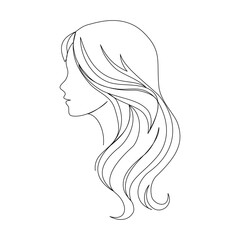 a woman’s side face  modern aesthetic, long airy wavy hair drawn with smooth curves continuous line art outline