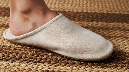 Close up of a foot wearing a soft slipper on a woven mat