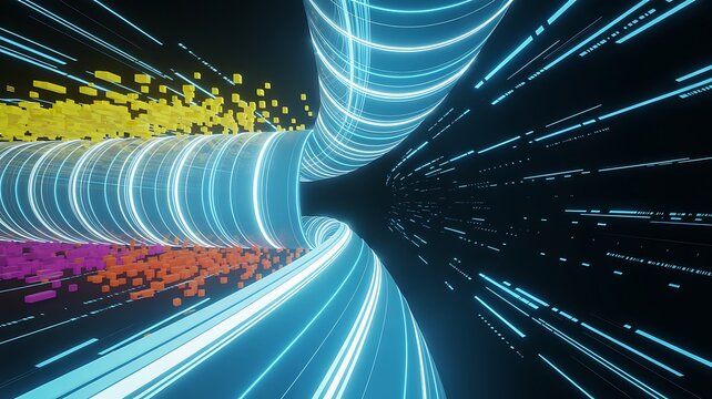 Abstract glowing blue tunnel with data particles flowing at high speed, representing digital communication and internet connection.