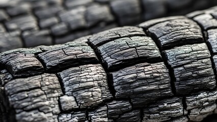 Close up of charred wood texture with cracks and dark patterns