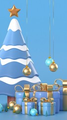 Happy New Year 2026 Greeting Card with Snowy Forest and Glowing Text, and gift box, caramel, snowflake and deer. 3d render animation