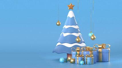 Happy New Year 2026 Greeting Card with Snowy Forest and Glowing Text, and gift box, caramel, snowflake and deer. 3d render animation