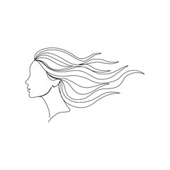 a woman’s side face  modern aesthetic,  sweeping her long wavy hair backward with curves continuous line art outline