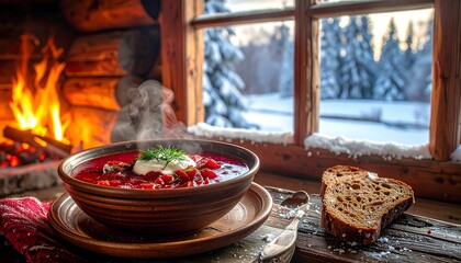 Delicious Soup, Rustic Cabin, Snowy Landscape, Culinary Art, Warm Atmosphere, Table Setting