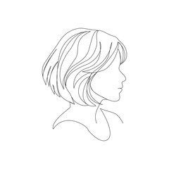 Continuous line art  a woman’s side face  modern aesthetic, elegant short wavy hair framing side face