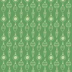 Flat seamless pattern with Christmas ornaments on a green background. Festive decorative design perfect for holiday cards, wrapping paper and seasonal projects.