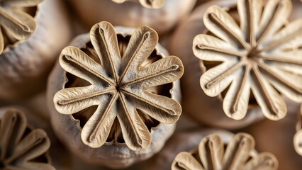 Close up of dried poppy seed pods showing intricate details and textures