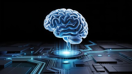 Artificial intelligence brain connected to a futuristic circuit board, representing advanced technology and neural networks