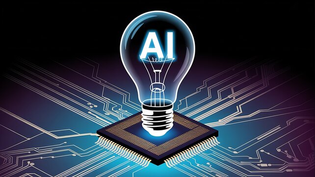 Artificial intelligence (ai) light bulb illuminates a microchip on a circuit board, symbolizing innovation and machine learning.