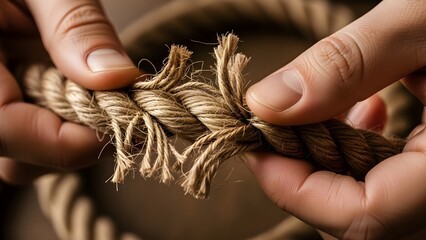 Close up of hands holding and examining a damaged brown rope