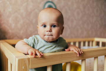 Cute baby sitting on a soft rug in a nursery next to a wooden crib. The child is holding a plush toy and looking at the camera with a gentle smile. Warm home lighting, natural tones, and a cozy atmosp