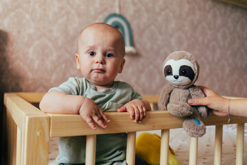Cute baby sitting on a soft rug in a nursery next to a wooden crib. The child is holding a plush toy and looking at the camera with a gentle smile. Warm home lighting, natural tones, and a cozy atmosp