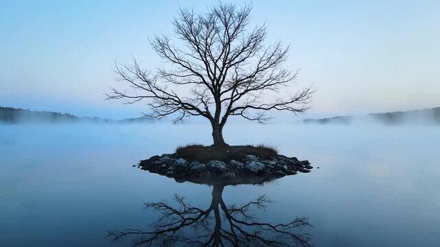 Serene Winter Tree on a Foggy Lake at Dawn with Calm Water Reflection and Soft Blue Sky Horizon