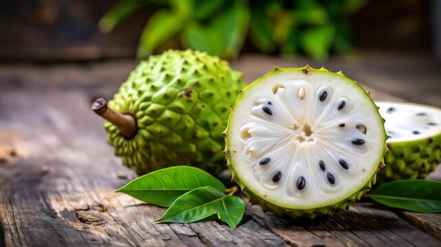 Soursop fruit with cut, and on wood table.