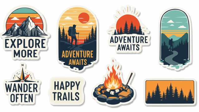 Collection of outdoor adventure and camping themed stickers with nature landscapes and inspirational quotes.