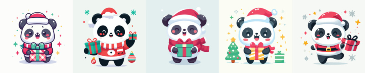 cute christmas dressed panda character vector