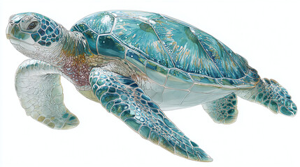 A stunning sea turtle gracefully gliding through the ocean depths, with its intricate shell patterns on display. The turtle is a symbol of longevity and tranquility
