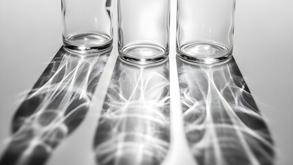 Three glass vessels casting abstract shadows on a white surface