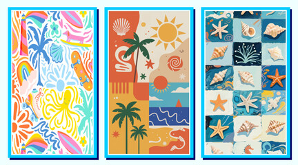 Three colorful vector posters with abstract summer and beach themes. Features palm trees, sun, shells, starfish, and surf elements. Ideal for holiday, pattern, and retro print designs