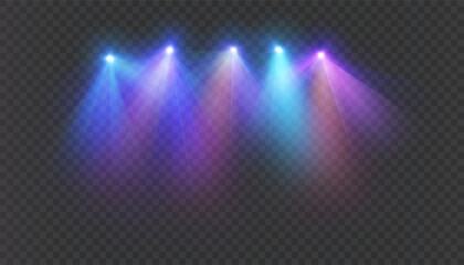 Fototapeta premium Bright stage spotlights create a soft, reflective effect against a dark background. Ideal for concerts and shows, parties, musical events, and entertainment design.