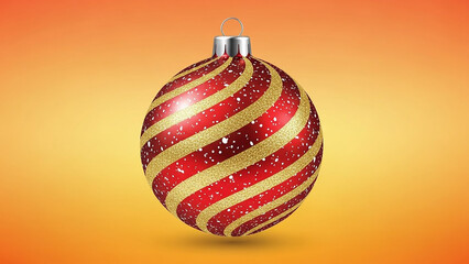 A red christmas ornament with gold stripes on an orange gradient background