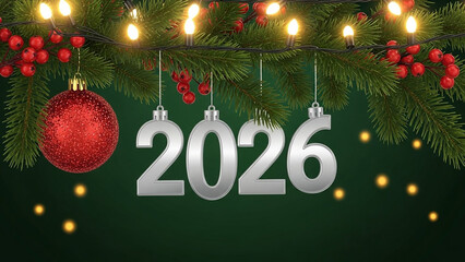 Christmas tree branch with lights, berries, ornament, and the year two thousand twenty six